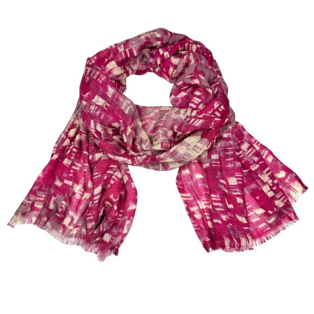 Abstract Print Scarf Pashmina  Wrap Shawl Pink White Fringe Contemporary